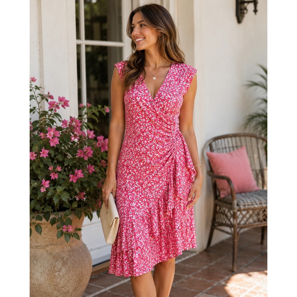 Robbie Bee Floral Faux Wrap Ruched Ruffle Dress Pink NWT Petite Small PS